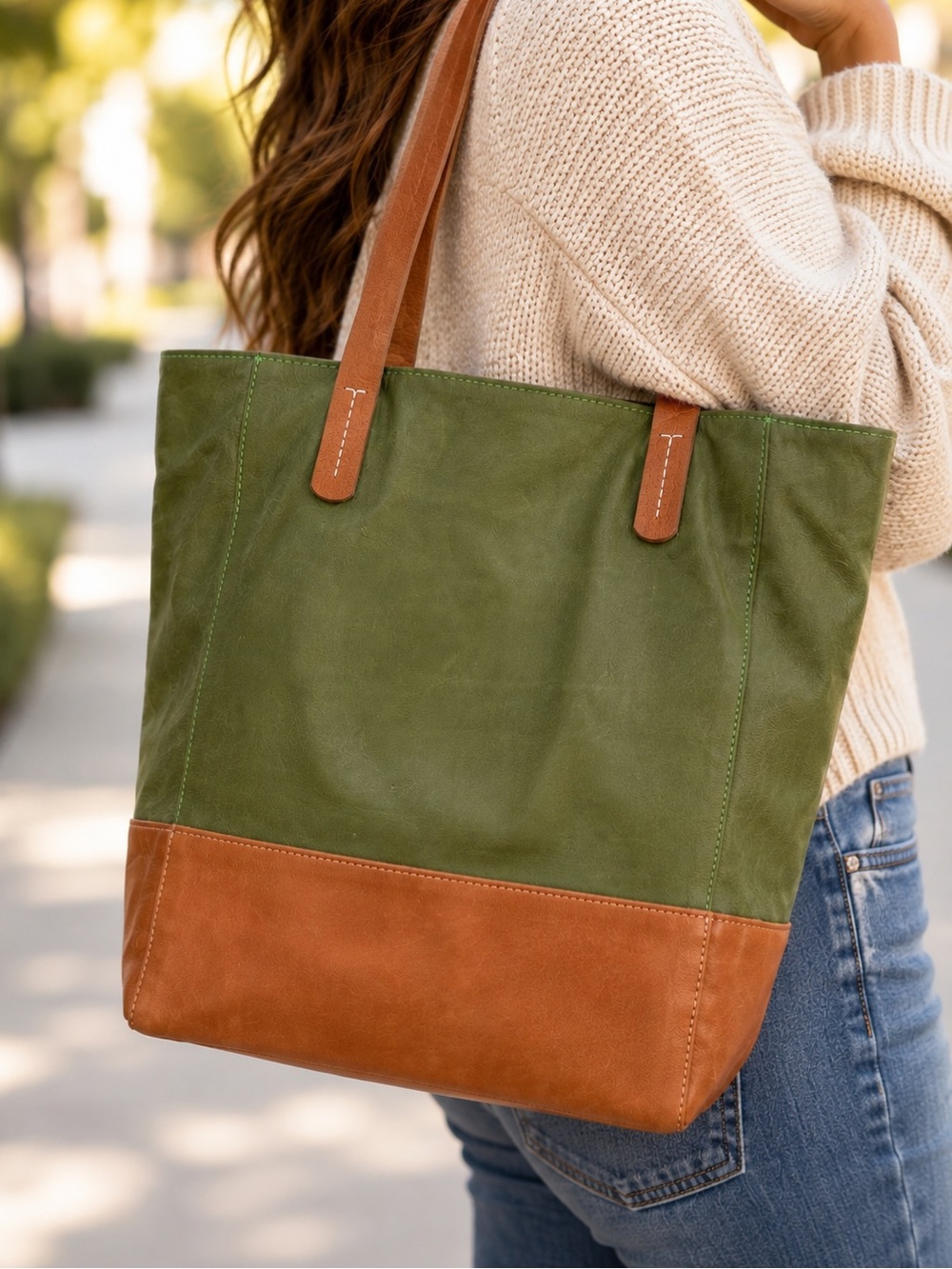 Humawaca Handcrafted Genuine Leather Tote Bag Olive Green & Cognac NWOT
